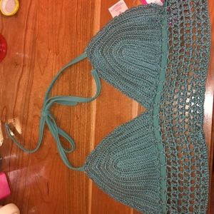 Crocheted teal v neck swim top